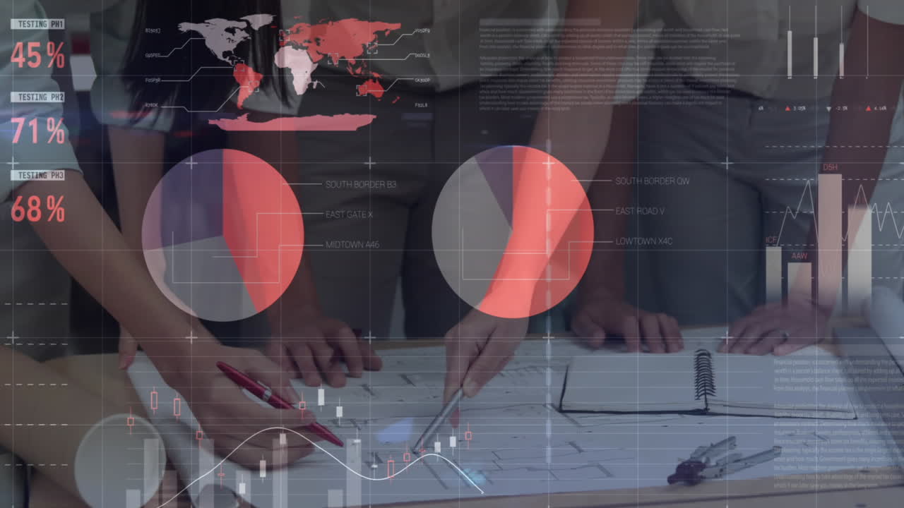 animación del procesamiento de datos estadísticos en la sección media de los colegas que discuten el plan en la oficina