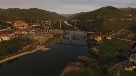 Three-Bridges-in-Peso-da-Régua,-Portugal-Aerial-View