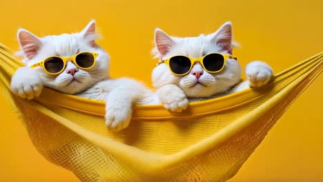 two white cats wearing sunglasses laying in a hammock