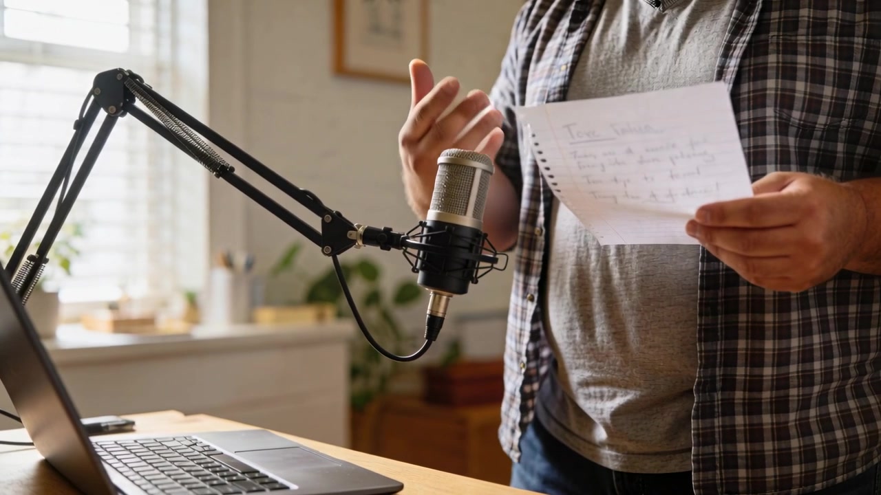 Touching laptop keys, plaid shirt man initiating home recording, reading notes into condenser mic