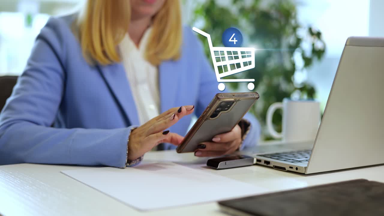 Businesswoman using a smartphone for online shopping with a 3D graphic overlay of a cart filled with items. E-commerce concept