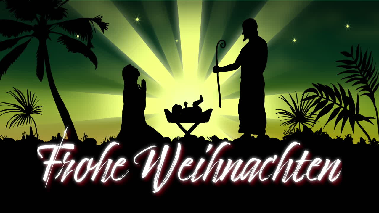 animación del texto de frohe wihnachten sobre la escena de la natividad en fondo verde