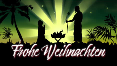 animation of frohe wihnachten text over nativity scene on green background