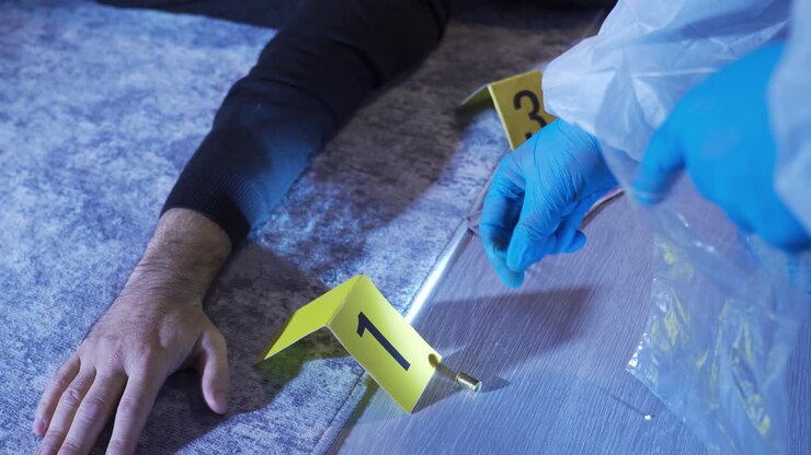 Gathering forensic evidence at the crime scene.