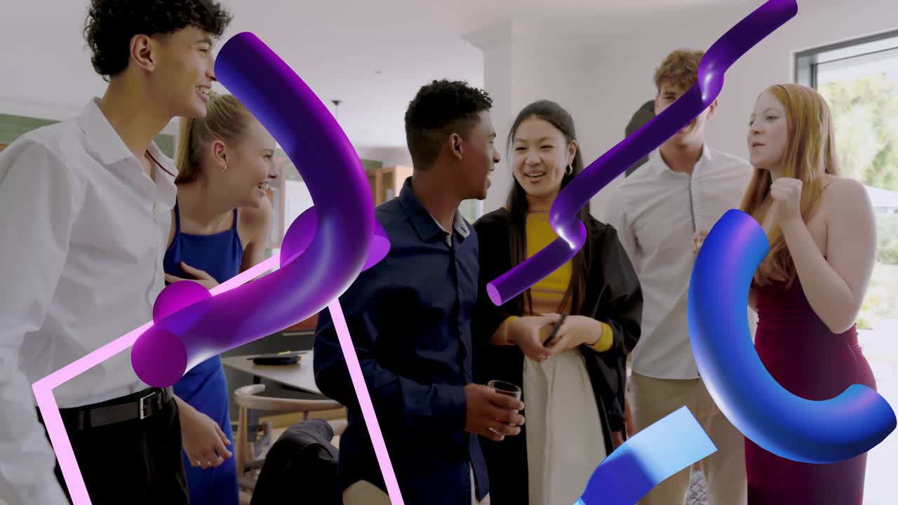 Woman holding phone drawing group joining angling for social selfie with 3D overlays covering faces