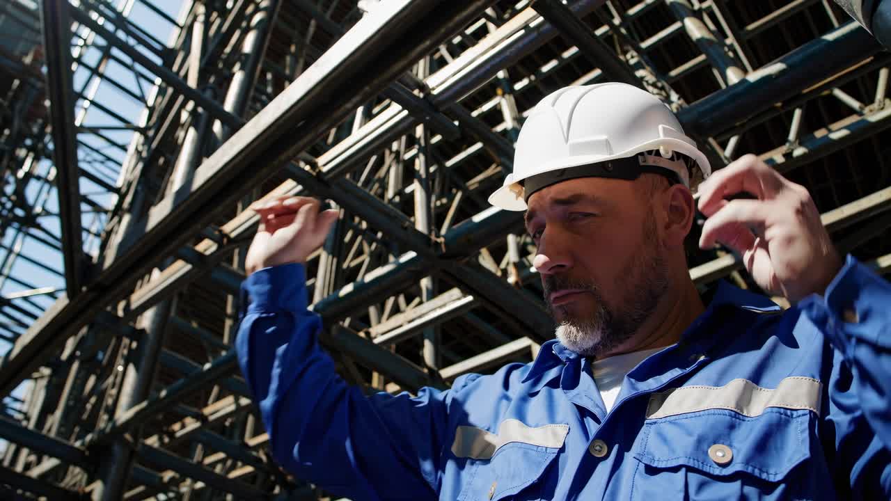 Construction worker wearing safety helmet and uniform inspecting metal scaffolding structure at building site, ensuring workplace safety and compliance with regulations