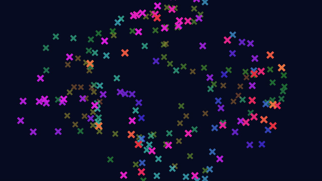 Abstract footage of colorful glowing cross shaped particles floating and drifting across a dark blue background, creating a modern digital bokeh effect for tech intros and overlays