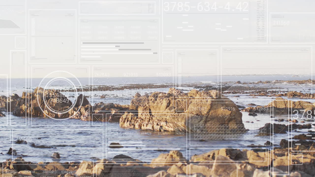 Coastline with digital data processing animation overlaying rocky seashore scene
