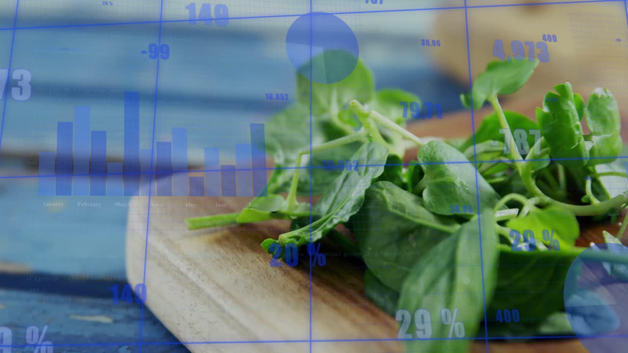 Knife entering right slicing cucumber into rounds, greens moving, overlay scrolling, showing prep