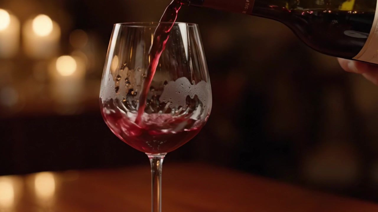 Una Mescita Drammatica: Catturare il Momento in cui il Vino Rosso Viene Elegantemente Versato in un Bicchiere, con un'Illuminazione Romantica di Sfondo che Esalta l'Esperienza