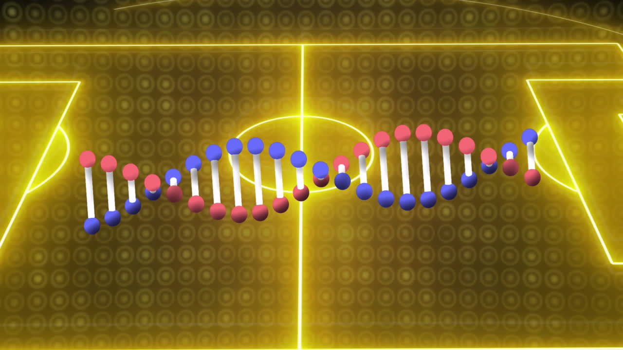 Animating DNA strand over glowing background of soccer field in motion