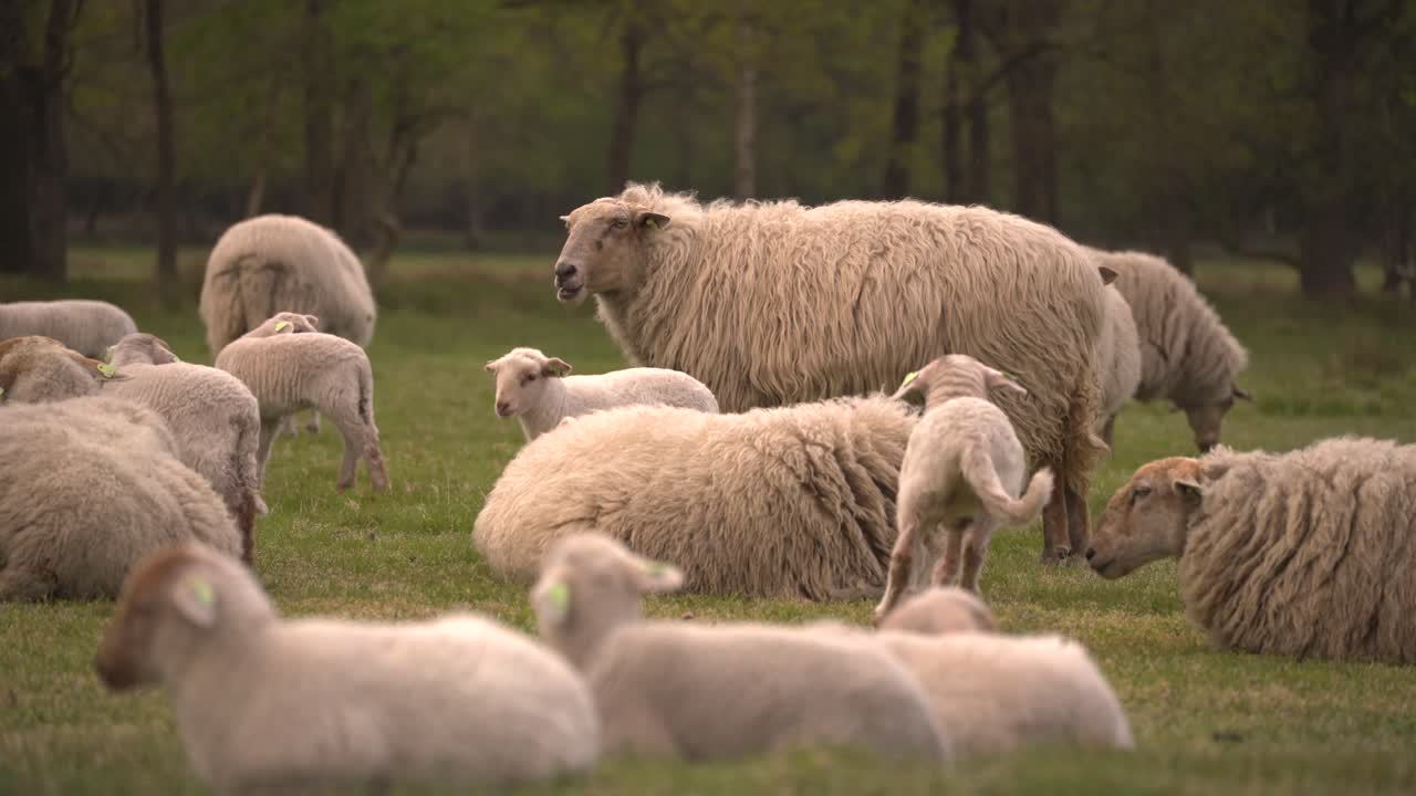un rebaño de ovejas donde los corderos jóvenes están corriendo