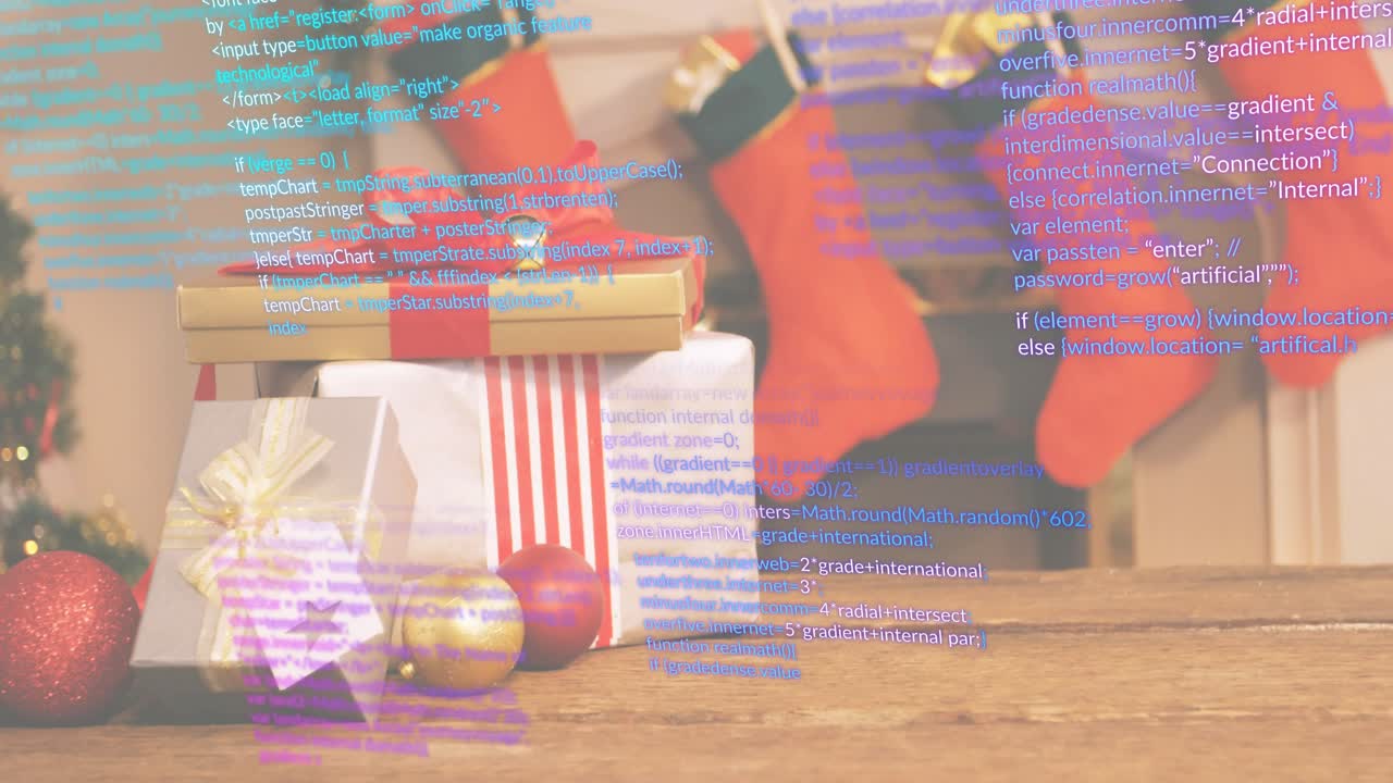 Appearing code overlay flowing festive gifts while camera panning showing tree for holiday theme