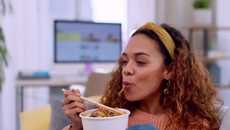 woman, eating fast food and watching tv on couch