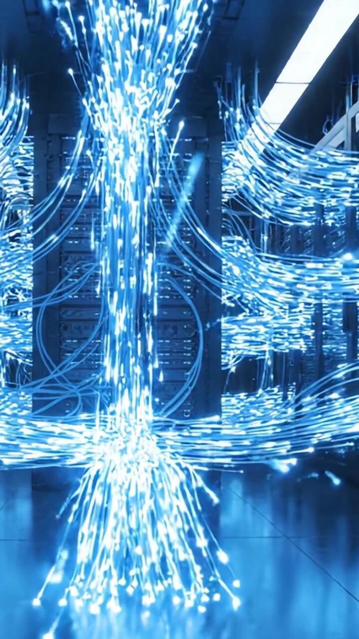 Opplyst Nettverk av Datakabler: Et Innblikk i et Høyteknologisk Serverrom med Glødende Blå Lys og Intrikate Kablingsuttrykk i et Moderne Datasenter