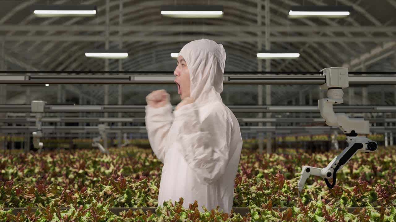 боковой вид азиатского человека исследователя кричит цель празднует, стоя в теплице с умными роботами-фермерами