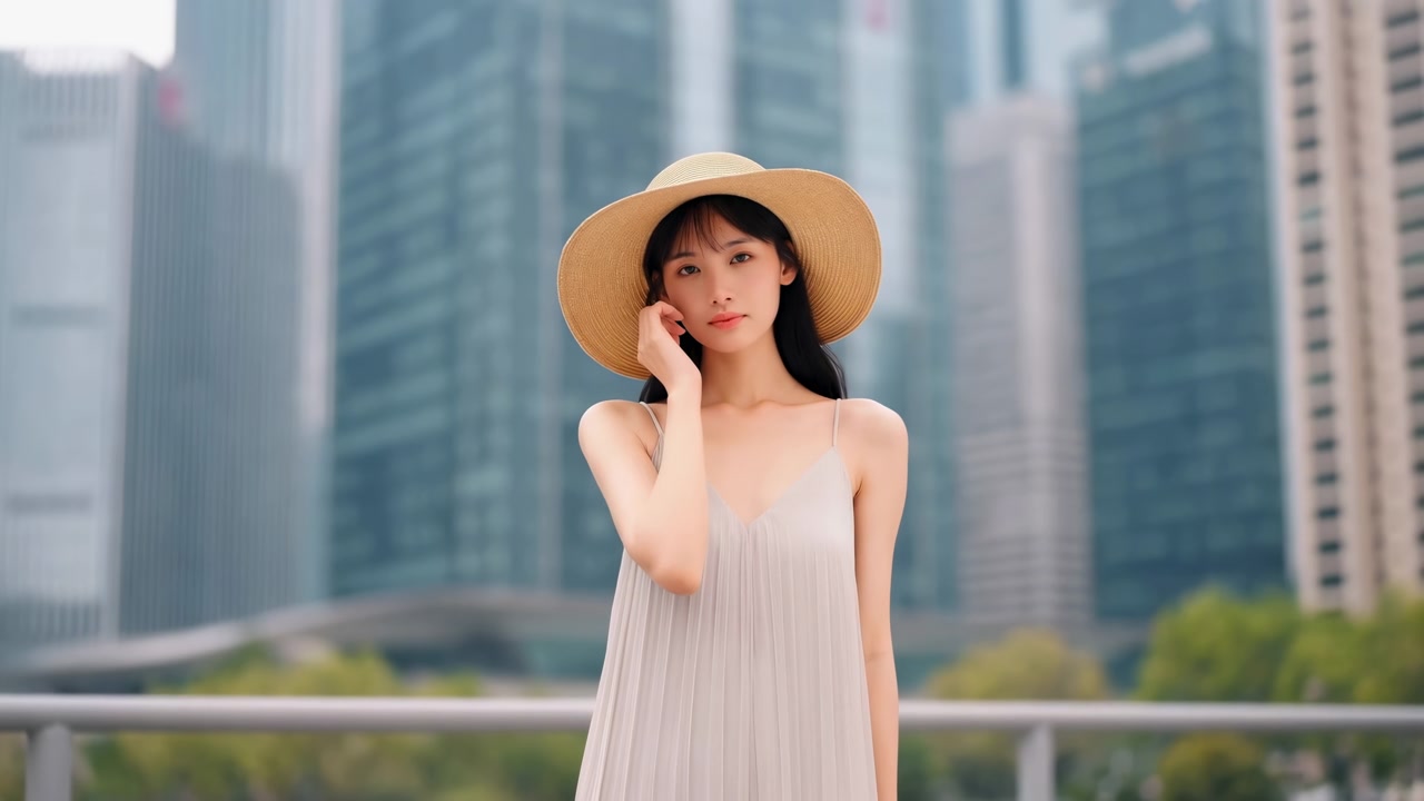 白いドレスと麦わら帽子を身につけた女性が、穏やかな街並みを背景に、顔の近くに手を添えて優雅にポーズをとっています。正面からの眺めが、彼女の落ち着いたスタイリッシュな瞬間を際立たせています。