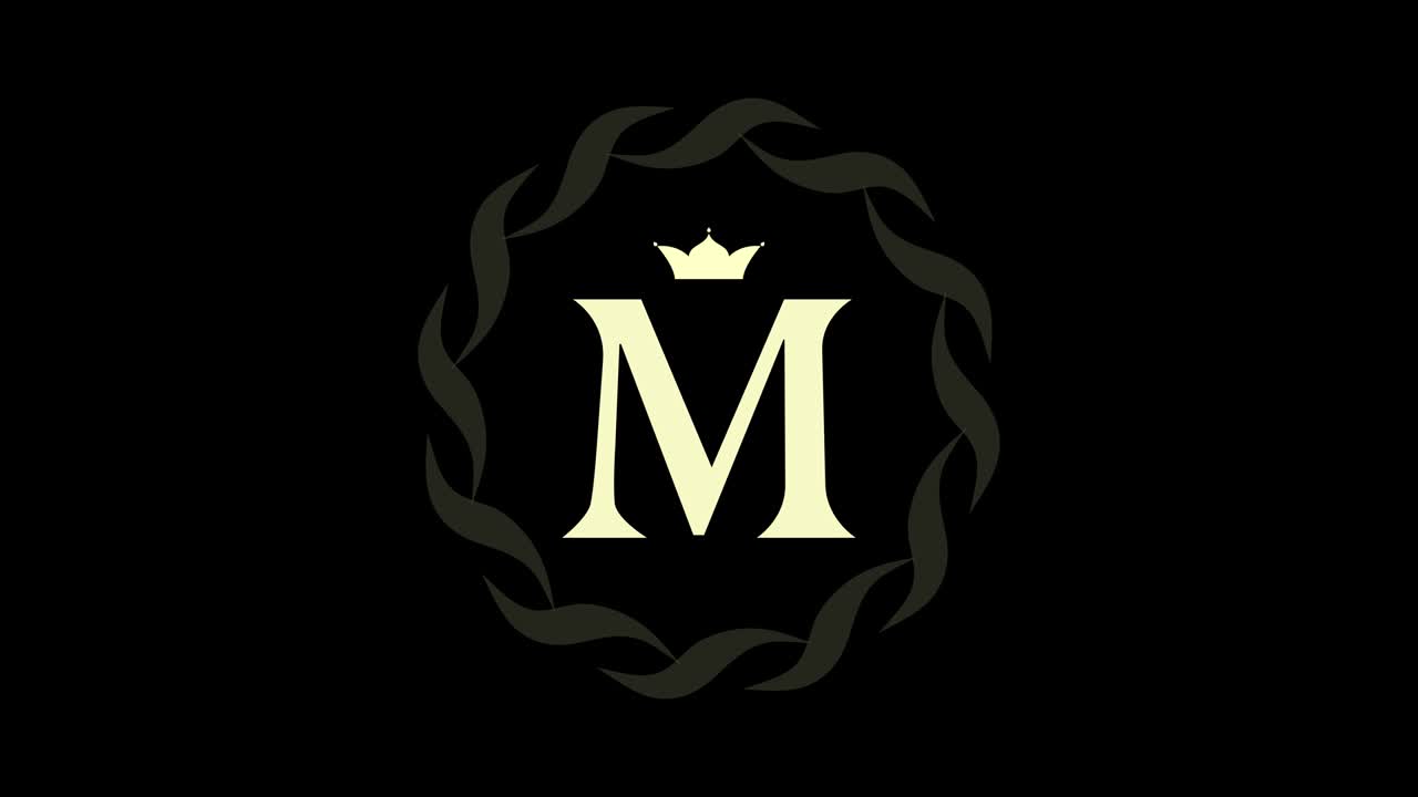 Animation of logo design. Luxury monogram. Round Emblem rotates. Capital letter M. Falling crown. Drawn ribbon. Art template in motion.