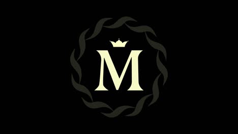 animation of logo design. luxury monogram. round emblem rotates. capital letter m. falling crown. drawn ribbon. art template in motion.