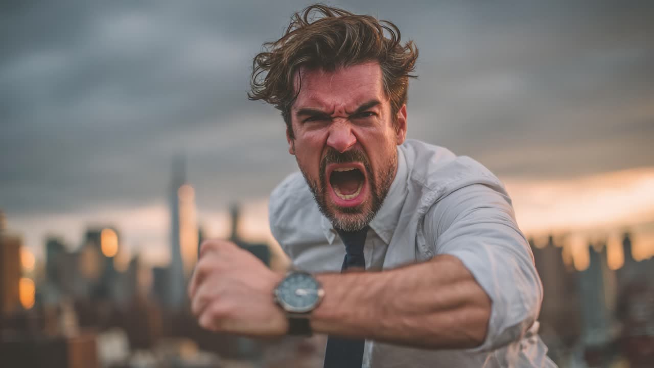 Emoción intensa mostrada por un hombre despeinado con ropa de negocios en medio de un espectacular horizonte urbano al atardecer