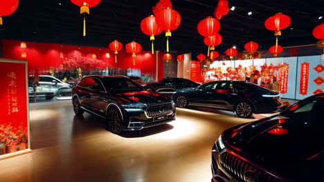 luxury cars on display at a chinese new year showroom