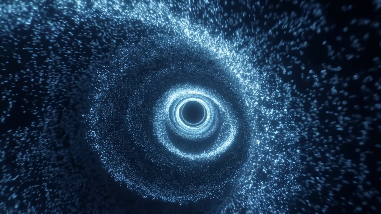 Blue Particle Vortex Tunnel Spiraling Inward, Luminous Ring Core And Drifting Dots, Futuristic Data Stream