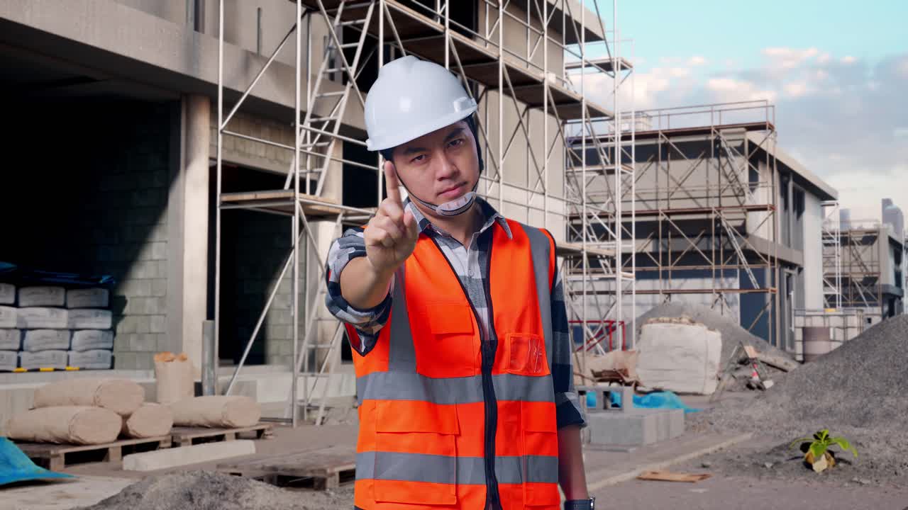 Asian Male Engineer With Safety Helmet Disapproving With No Index Finger Sign While Standing At Building & Construction Site in Progress to New House