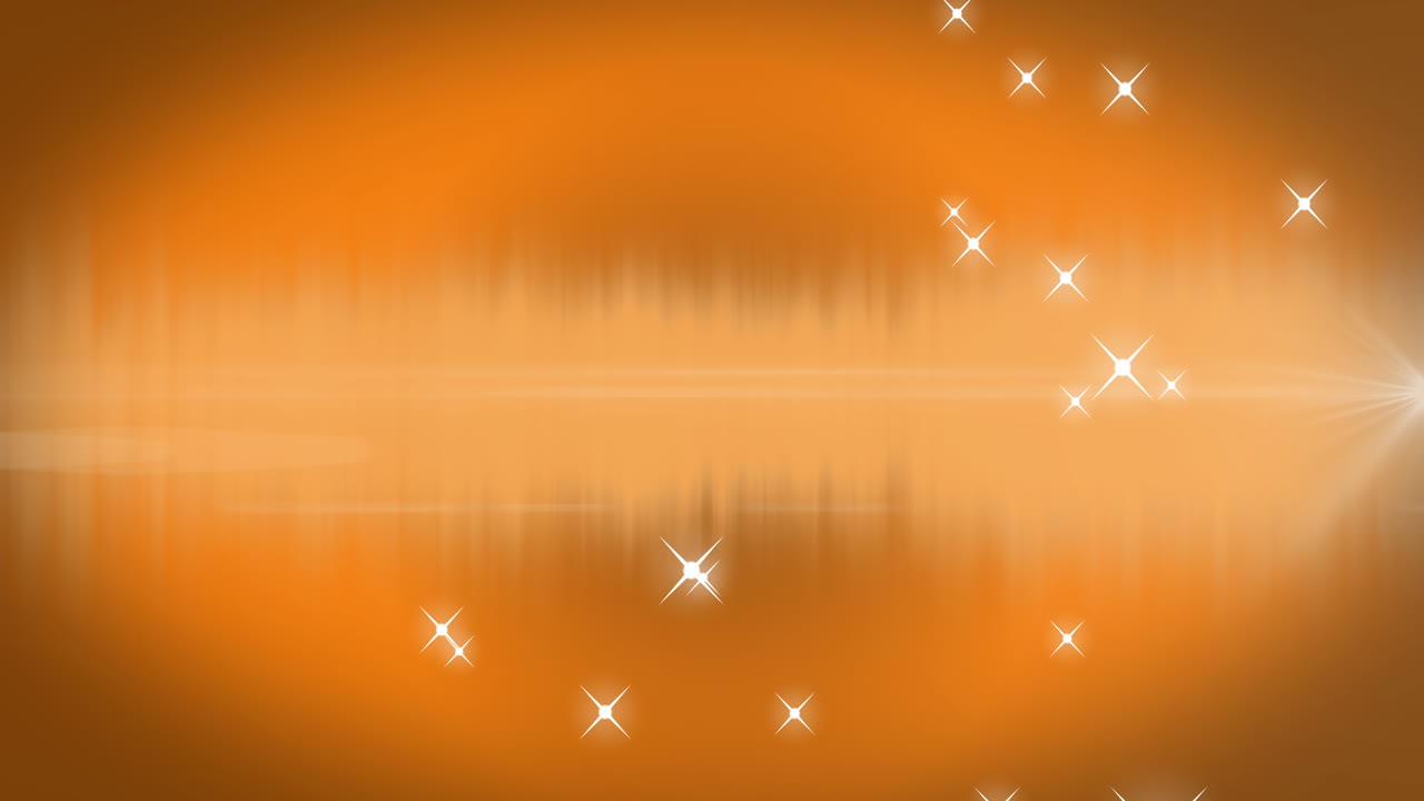 Hypnotic animation of glowing lights and stars on orange backdrop.