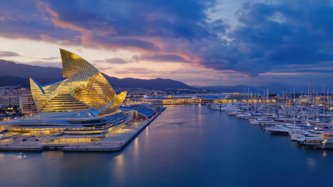 Stunning Night View of a Luxury Marina with Futuristic Architecture and Yachts