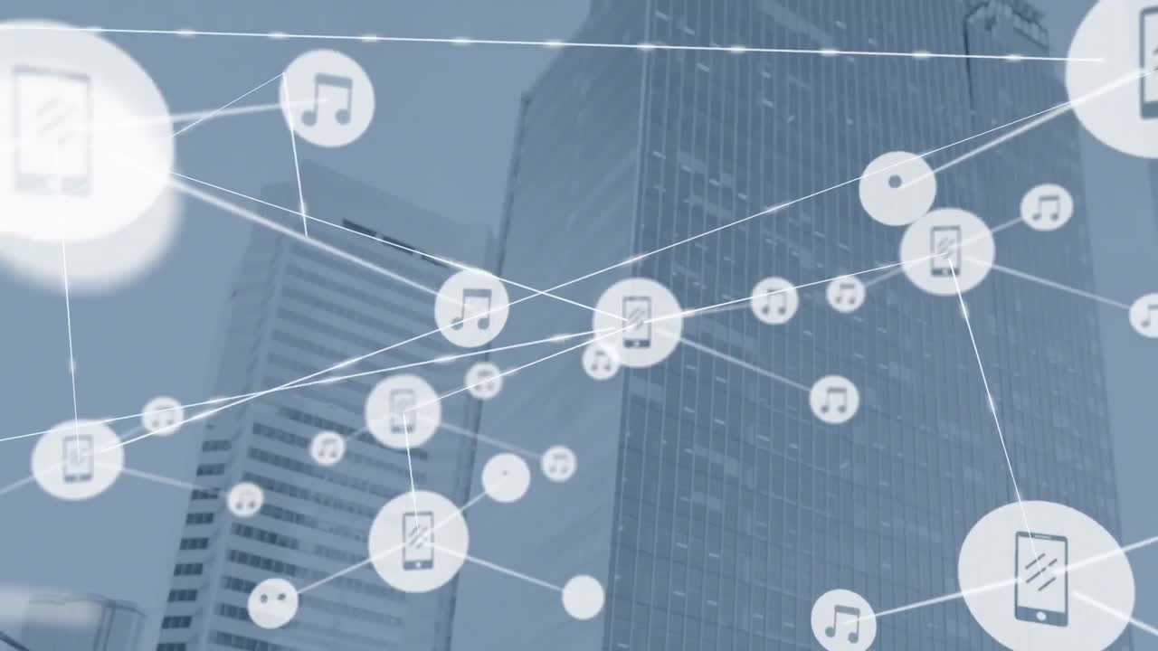 도시 풍경 위의 데이터 처리 애니메이션