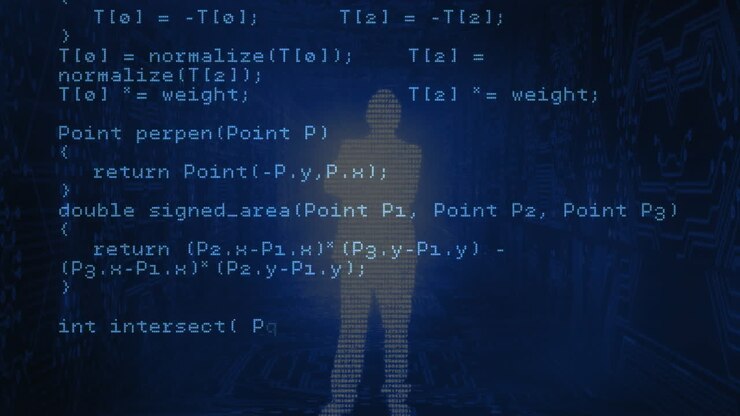 Animatie van dataverwerking over een menselijk silhouet op een blauwe achtergrond