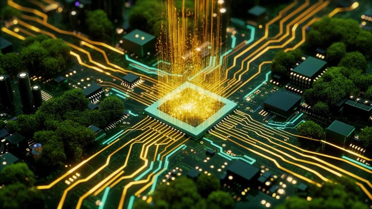 Futuristisk computerprocessorchip med glødende datastrømme og naturintegration