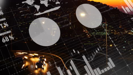 financial data charts and graphs animation over cityscape at night