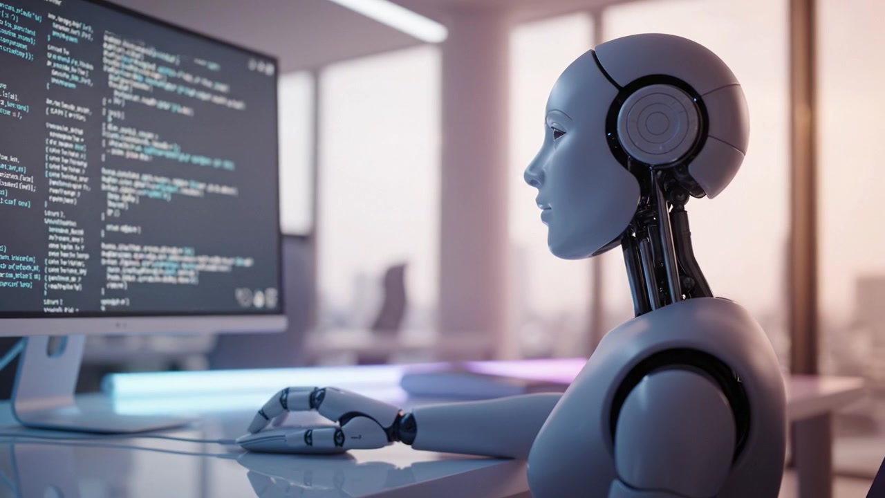 Un androide futuristico impegnato nella programmazione, che analizza dati su uno schermo di computer in un ambiente d'ufficio elegante e moderno con una luce soffusa e un'estetica high-tech