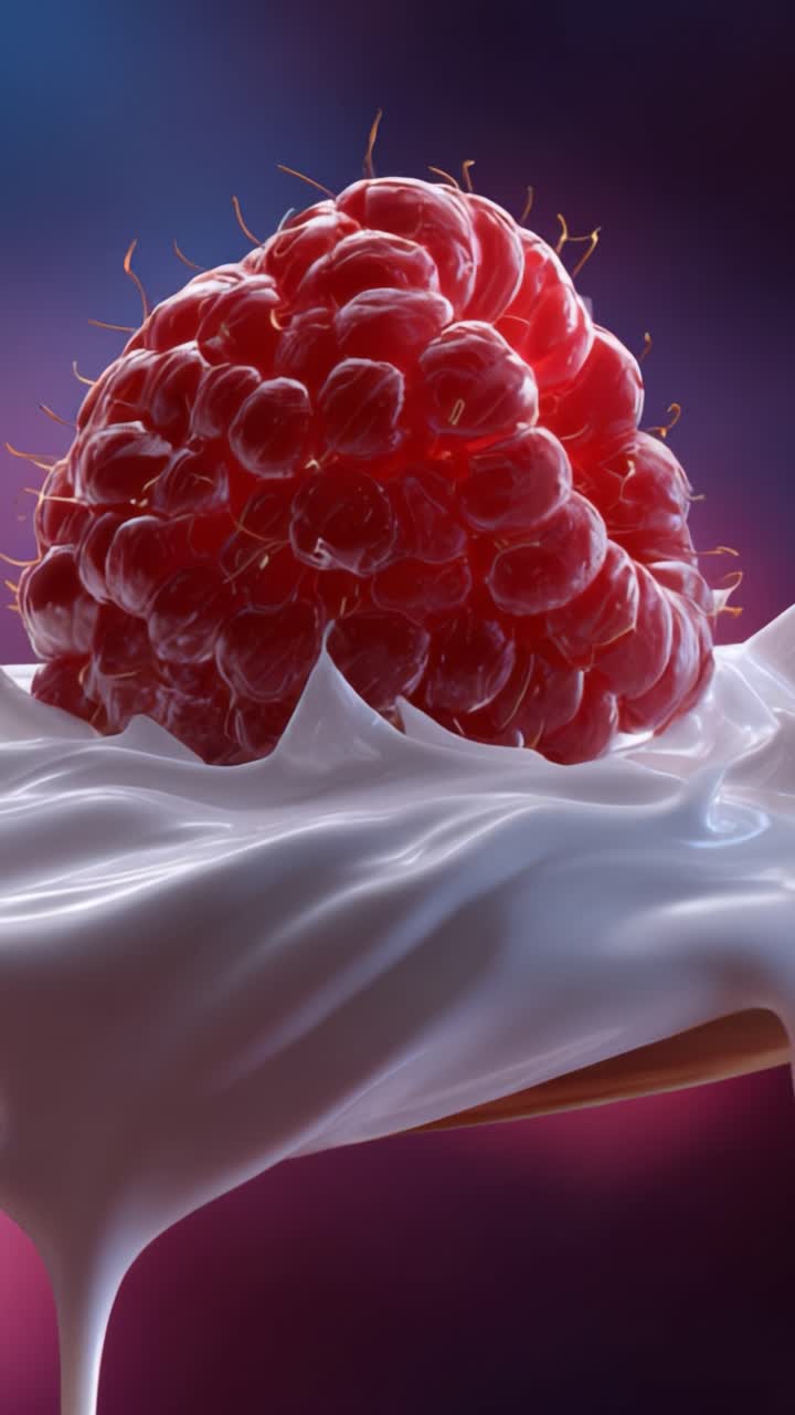 A Close-Up of a Delicious Raspberry on a Bed of Creamy Whipped Topping, Showcasing the Juicy Texture and Vibrant Colors Against a Soft Background