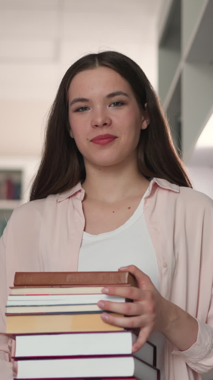 Female shop assistant with book stack in storage. Young librarian gathers literature for customer in modern bookstore. Lady with books set in store