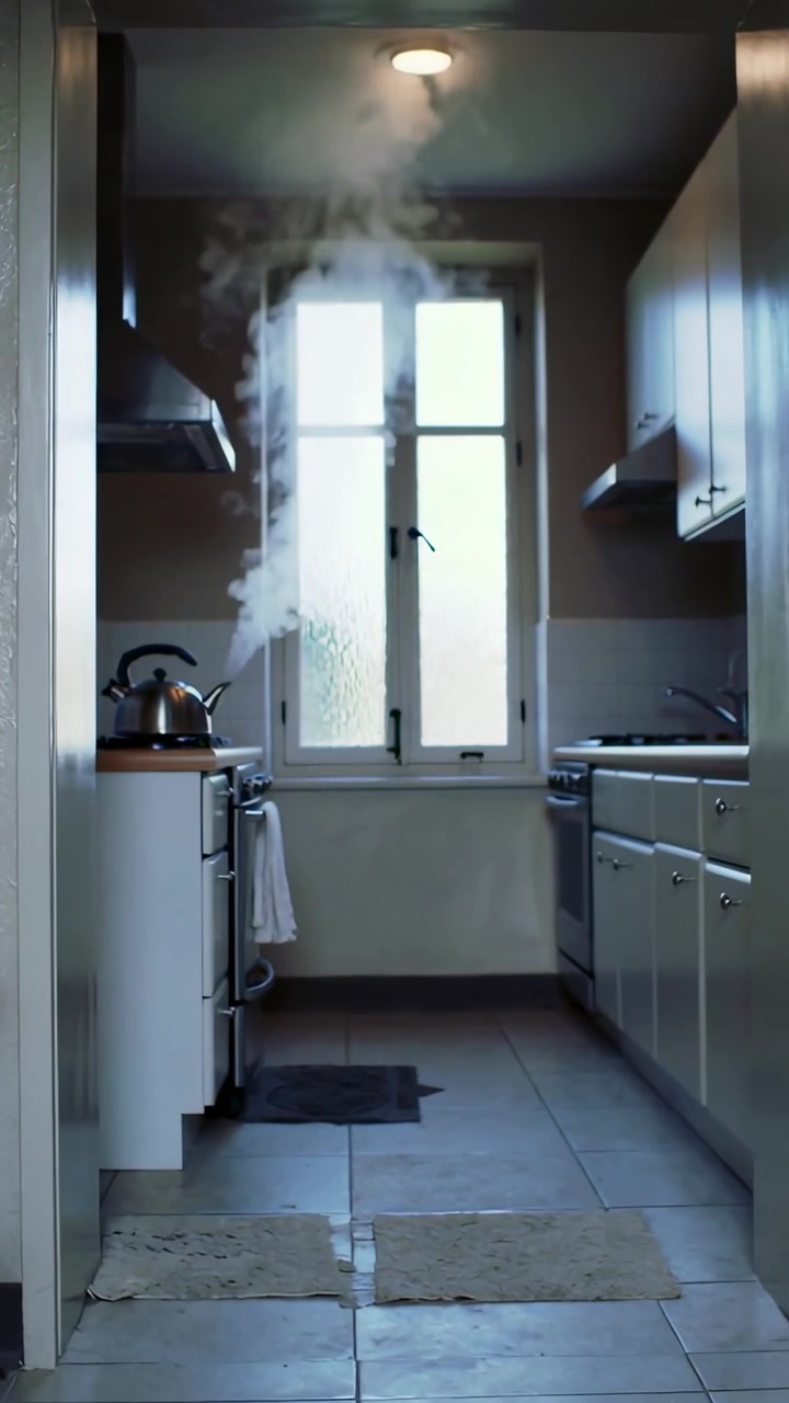 Video verticale: Bollitore metallico che bolle sul fornello sinistro, rilasciando un pennacchio di vapore che sale in una cucina a corridoio.