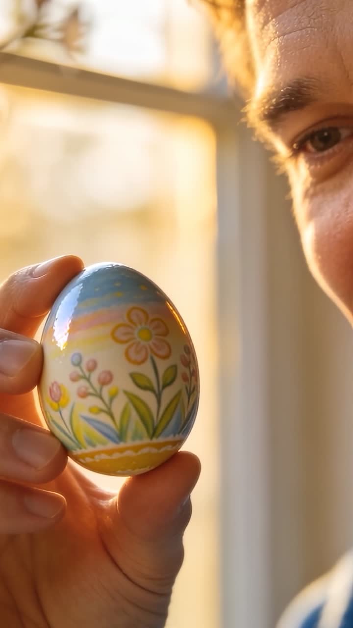 Adult man seeing warm sun bringing painted egg to window holding fingers rotating inspecting motif