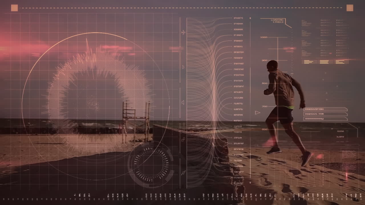 Animation of data processing over fit man running at beach