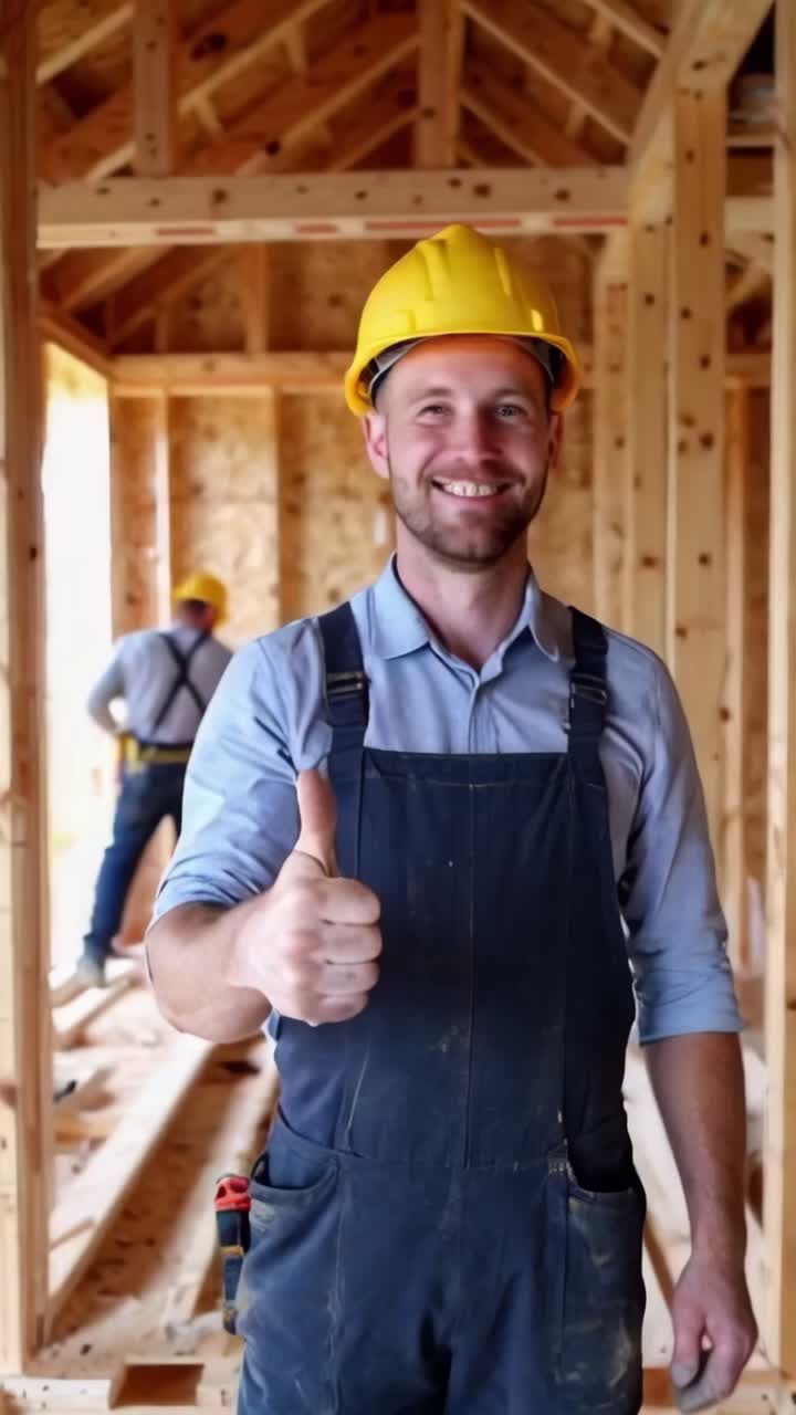 A builder with helmet and work overalls looking at the camera, smiling and gives a thumbs-up.
