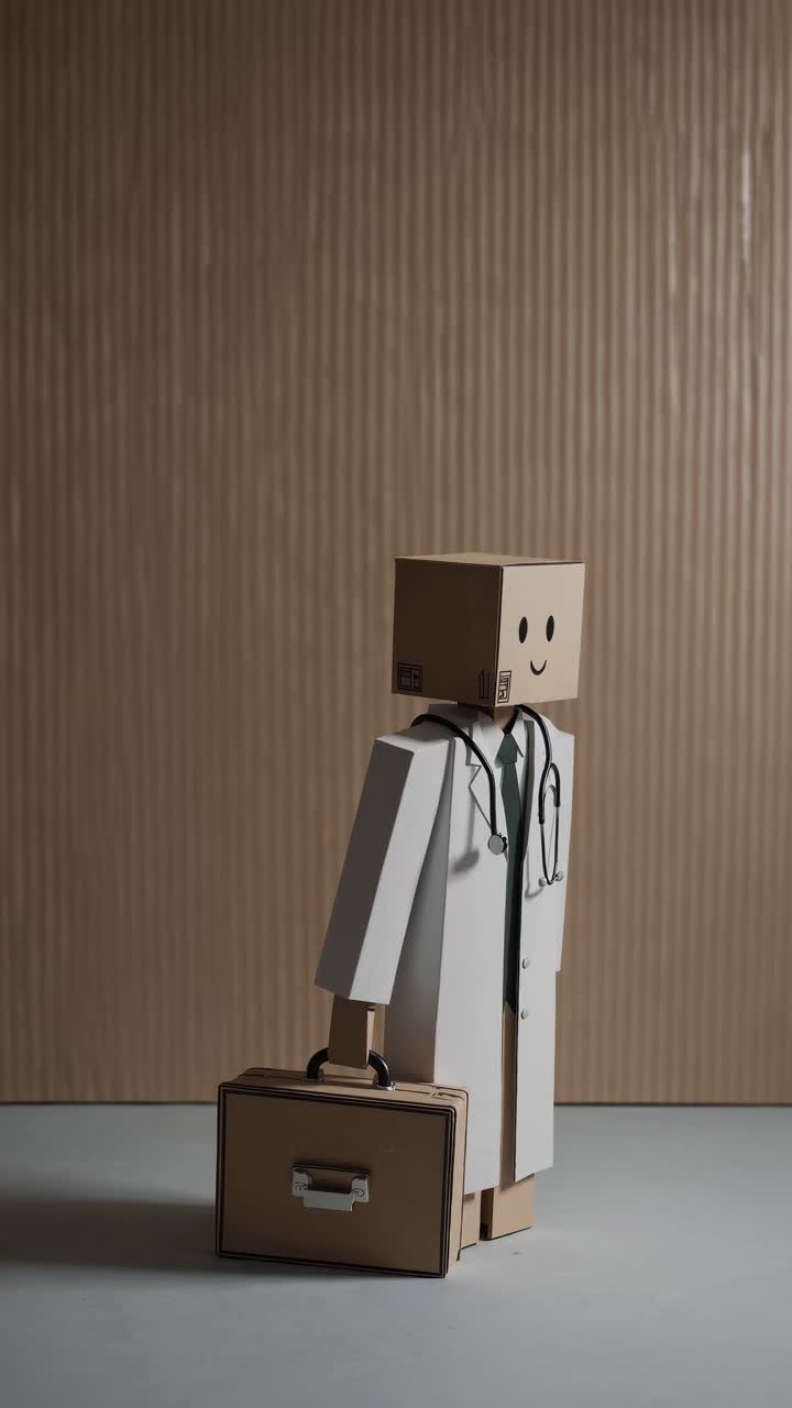 Cardboard medical professional wearing stethoscope, carrying briefcase, positioned against minimalist cardboard setting, representing healthcare concept