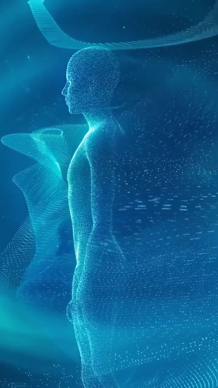 Digital Human Silhouette Formed by Glowing Particles in Abstract Space