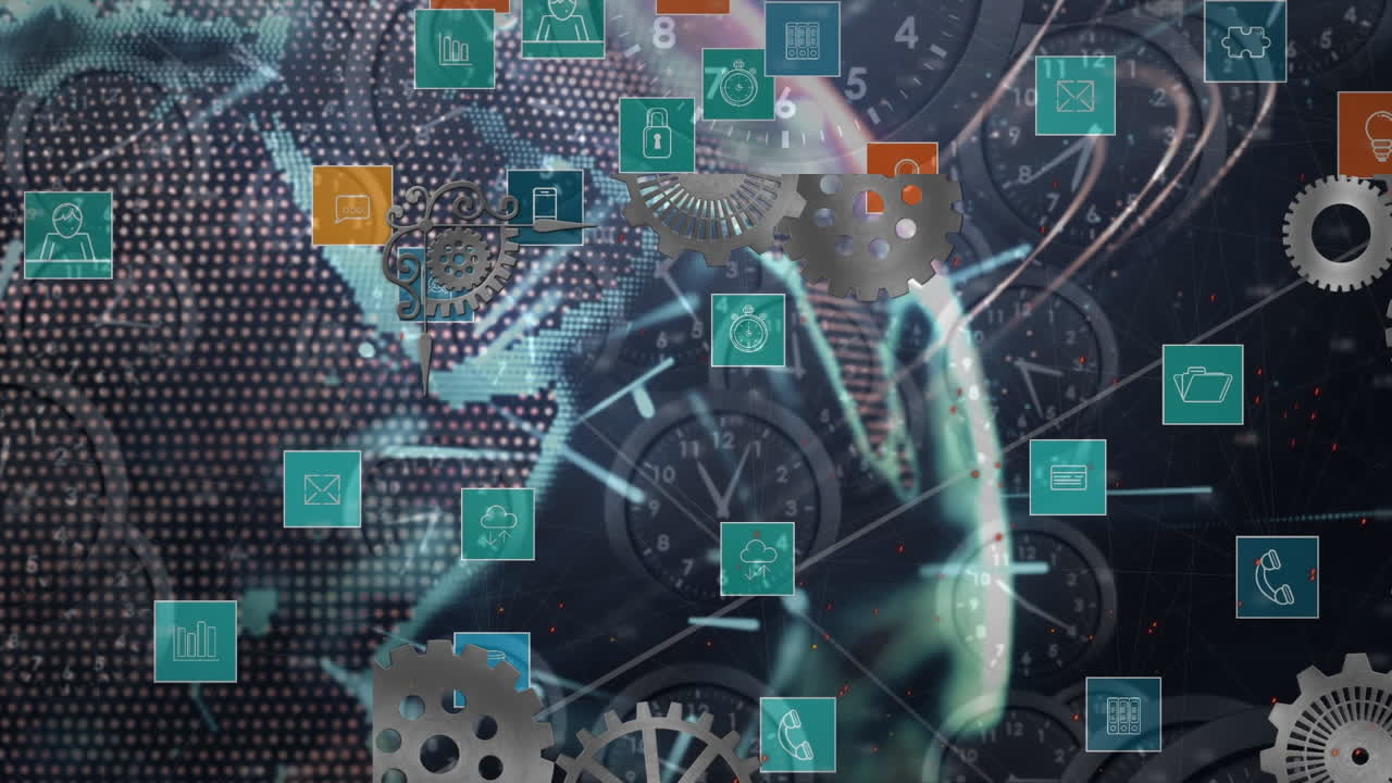 animación de iconos de medios con mapa del mundo y procesamiento de datos sobre relojes
