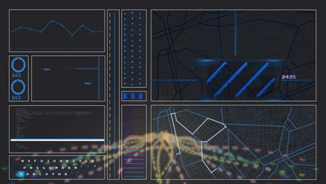 Digital interface displaying data charts and maps with network connections animation