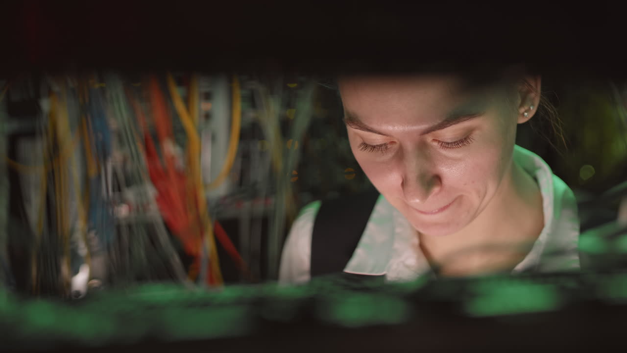 mujer trabajando en la sala de servidores