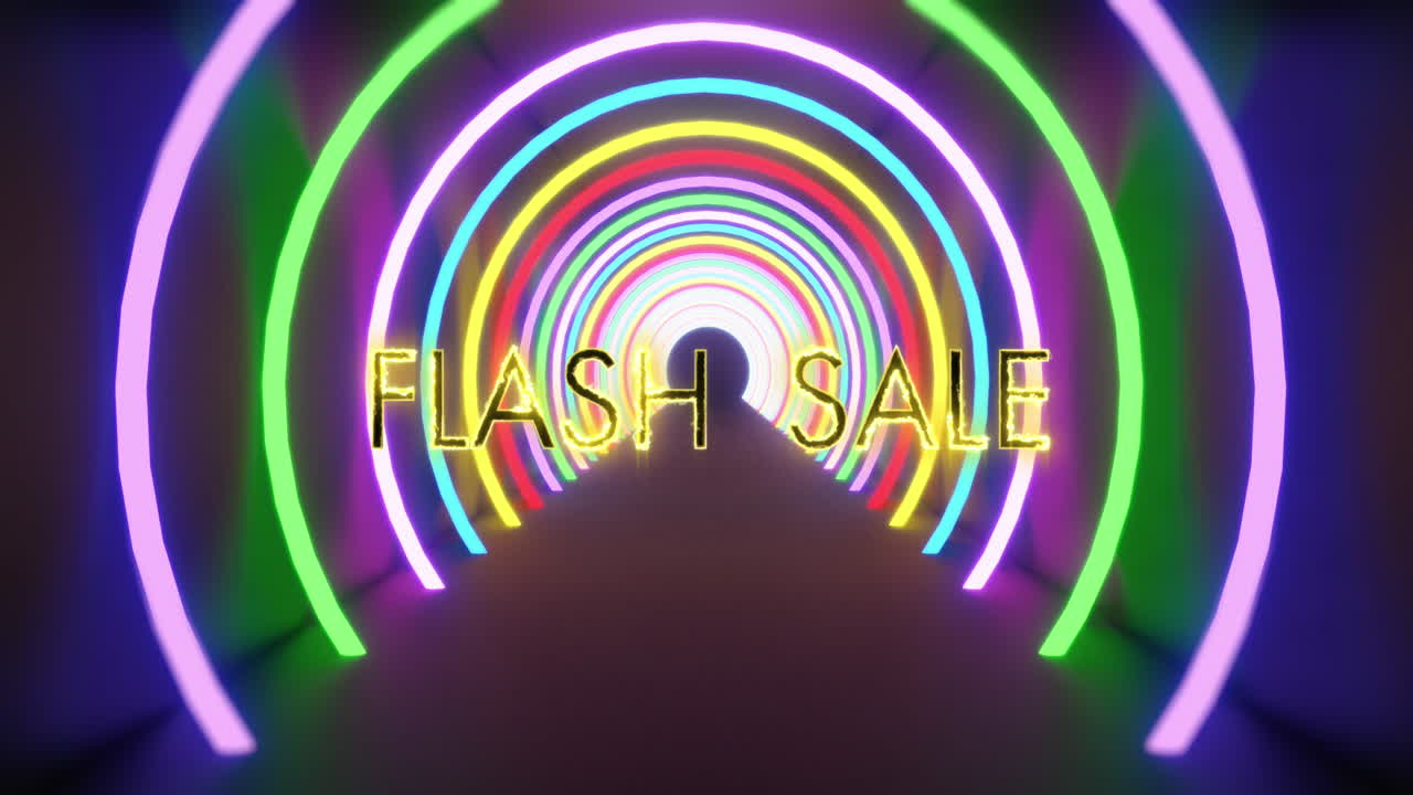 검은 바탕에 네온 원 위에 플래시 판매의 애니메이션