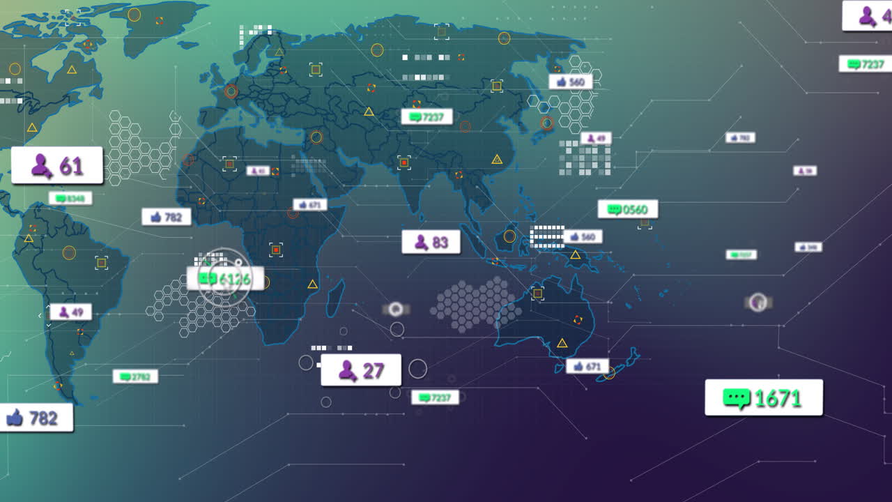 World map with data analytics and user statistics overlay animation