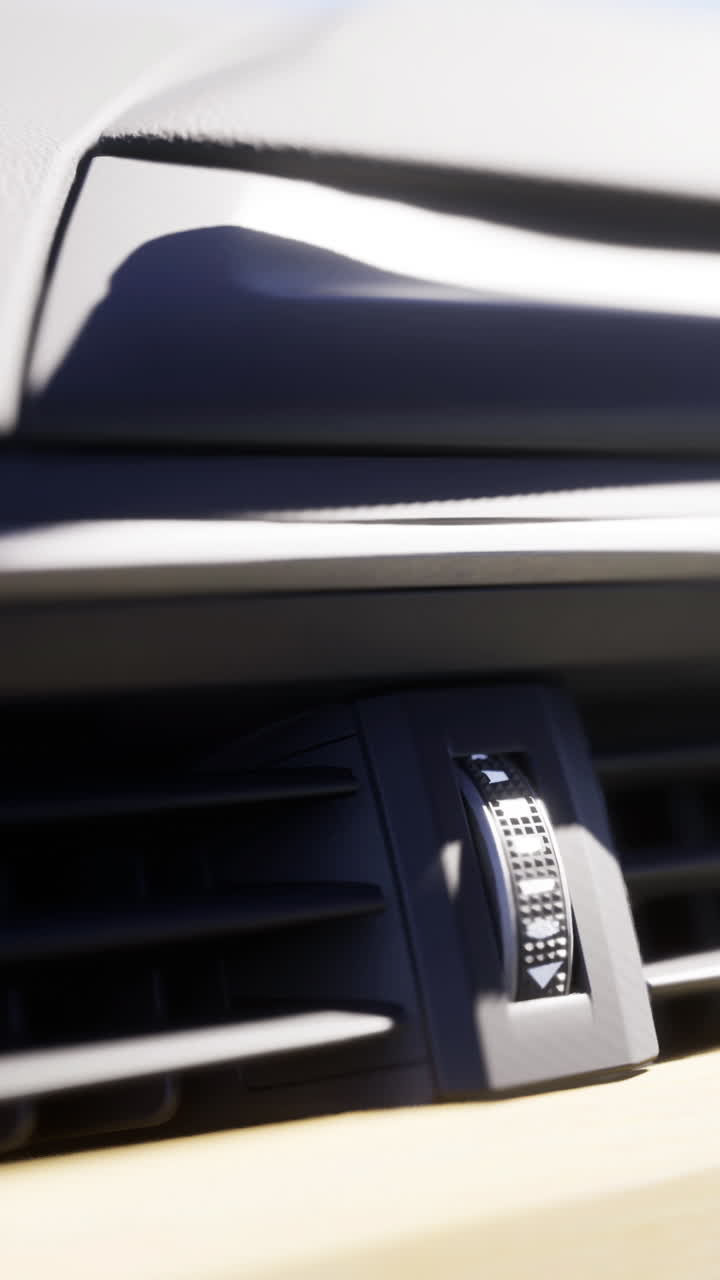 Vista ravvicinata di una bocchetta dell'aria dell'auto e della manopola di controllo che mostra dettagli di design moderno