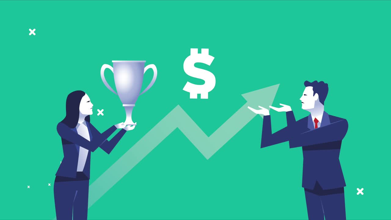 elegant business couple workers with dollar symbol and trophy cup