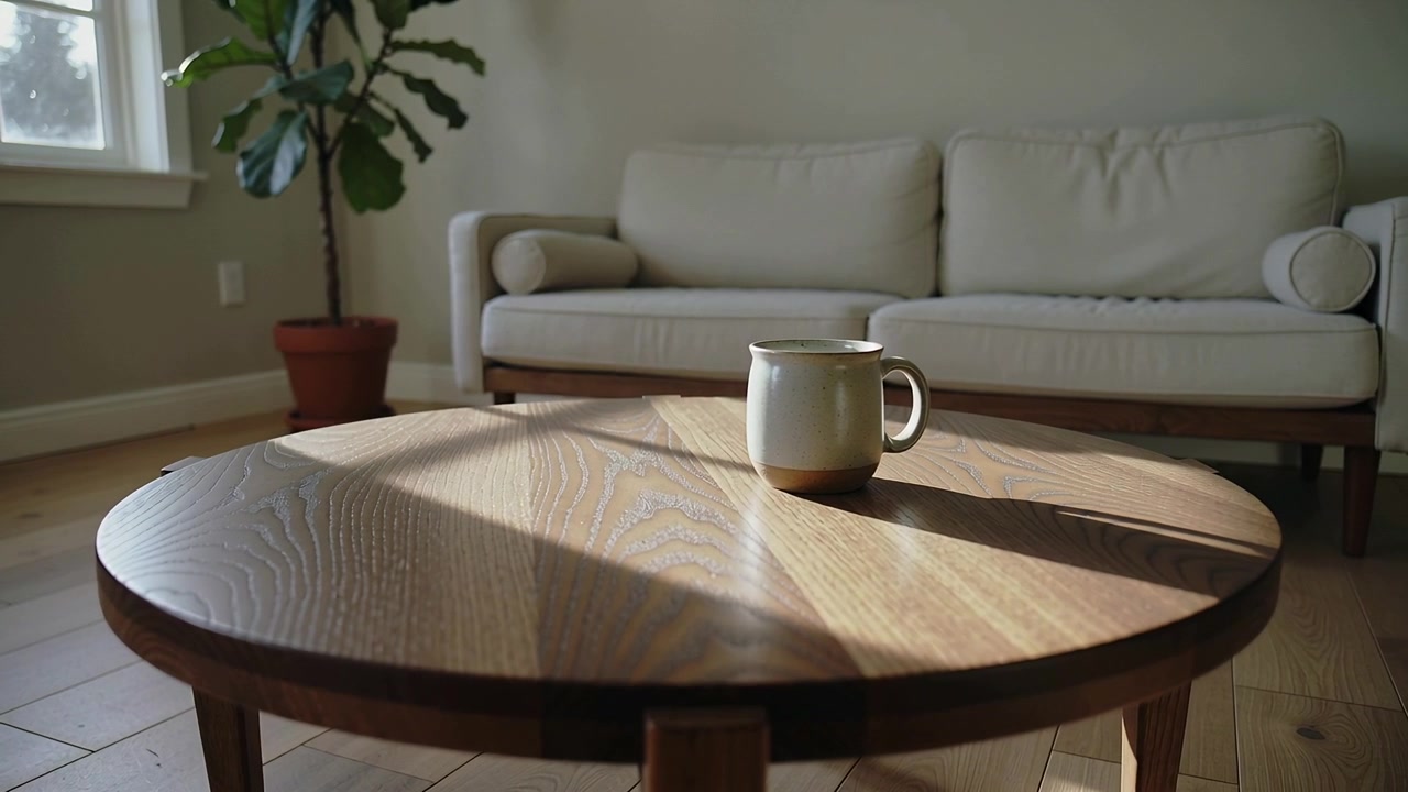 Moving left-window sunlight casting shadow across table at home while sun shifting with cream mug